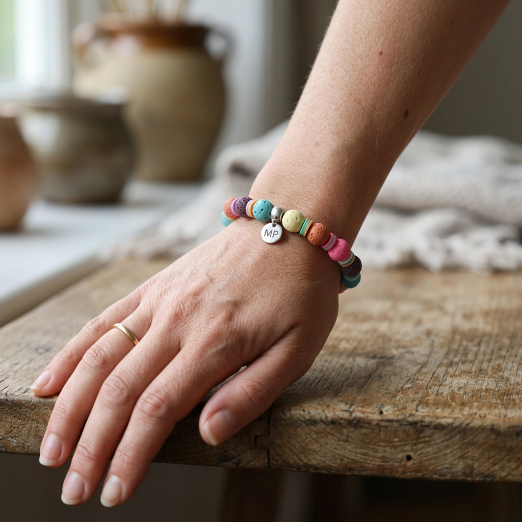 a women wearing a fusion bracelet, colorful lava with africaan vynil disk recycled