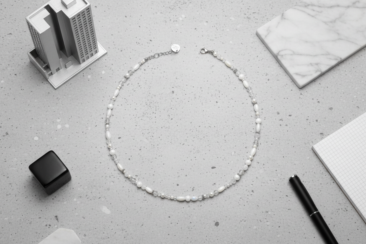 Silver necklace on a gray surface with office supplies in the background, white and silver