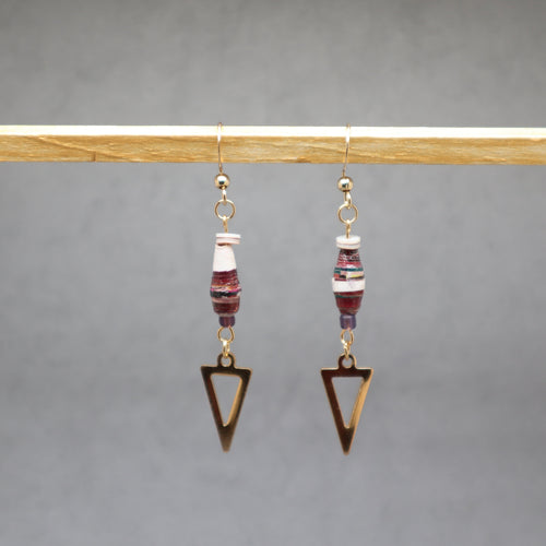 Pair of earrings with triangle-shaped pendants on a gray background, paper Uganda, stainless steel, shell