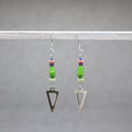 Pair of earrings with green beads and triangle charms on a gray background, paper bers from Ouganda with silver stainless steel