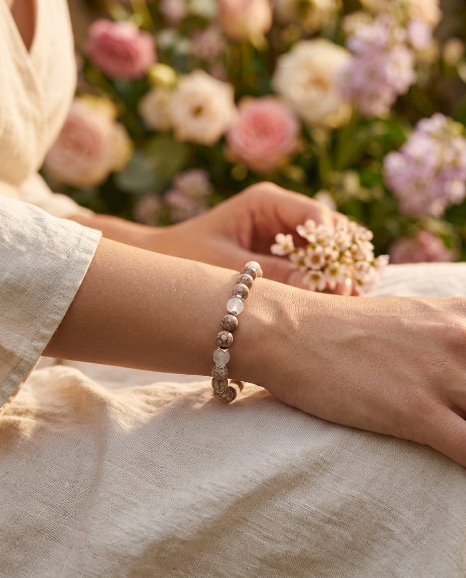 A close-up of a person's wrist wearing a delicate beaded bracelet made of natural beige and brown stones, set against a soft-focus background of pink and white flowers. jade and maifanite