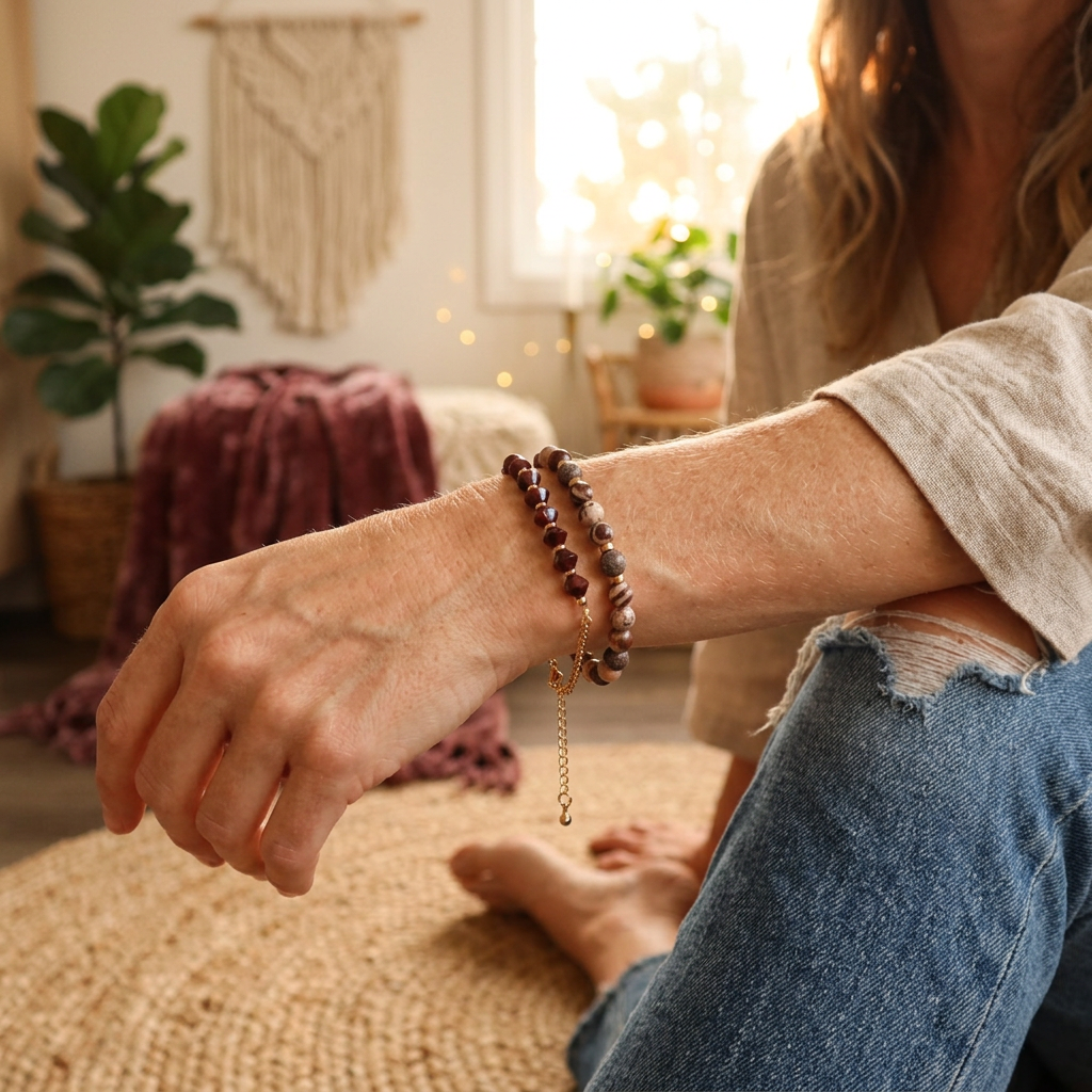 A person seated indoors wearing a beaded bracelet with a small gold chain detail on the wrist. The scene includes a plant, woven decor, and warm natural light from a window in a cozy room setting.