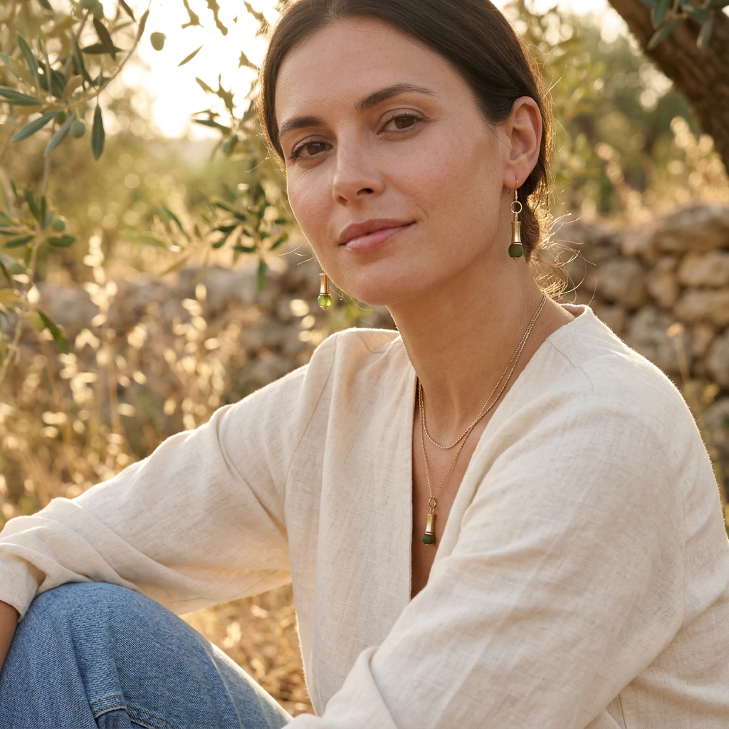 A woman wearing gold-toned drop earrings with green stone accents, styled with a gold pendant necklace and a cream linen top, sitting outdoors in a sunny, olive grove setting.
