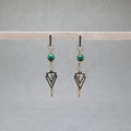 Pair of earrings with green beads and black geometric shapes on a gray background, malachite, stainless steel silver and gold
