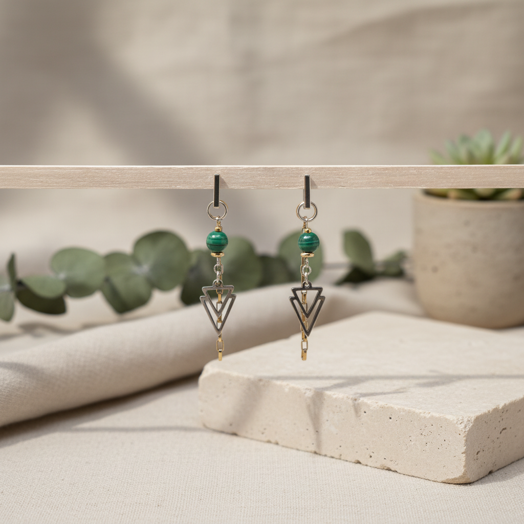 Pair of earrings with green beads and triangle-shaped charms on a neutral background