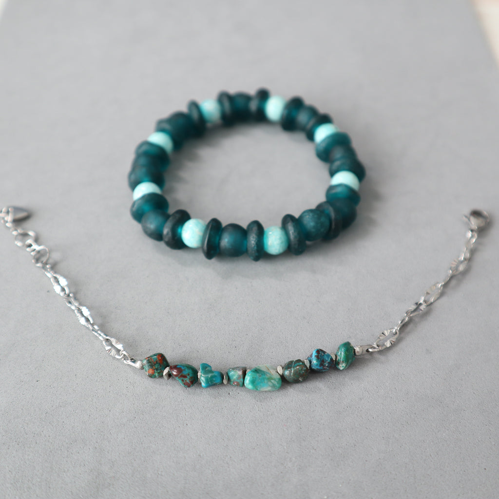 duo of bracelet with recycled glass beads and amazonite, turquoise beads, bracelet chaine