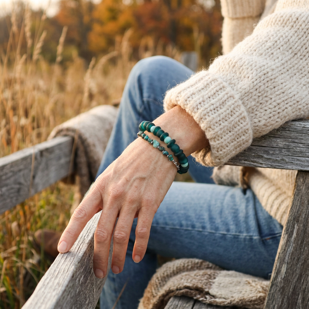 duo of recycled glass bracets and turuoise african bracelet chaine