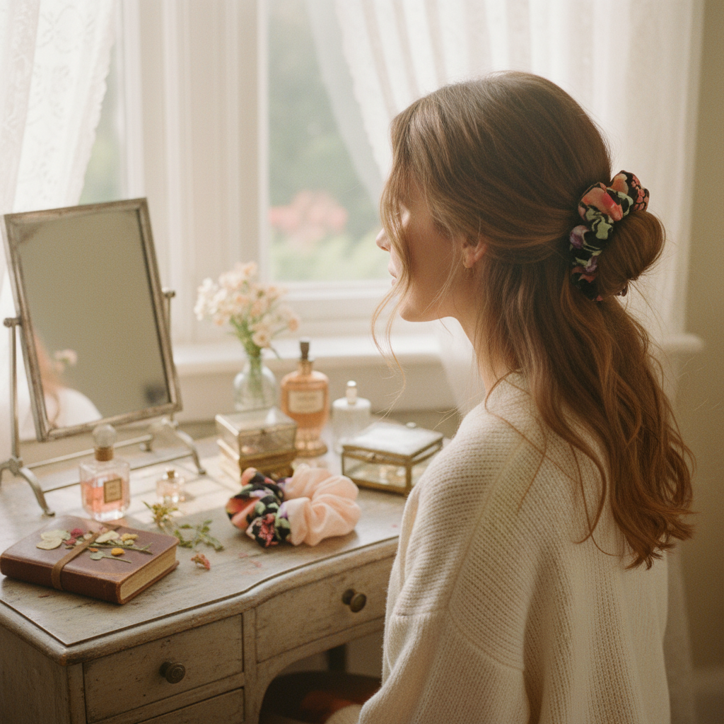 Woman with a floral hair scrunchie in a room with a vanity table and mirror.