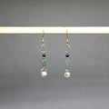 Pair of earrings with beads hanging on a rod against a gray background