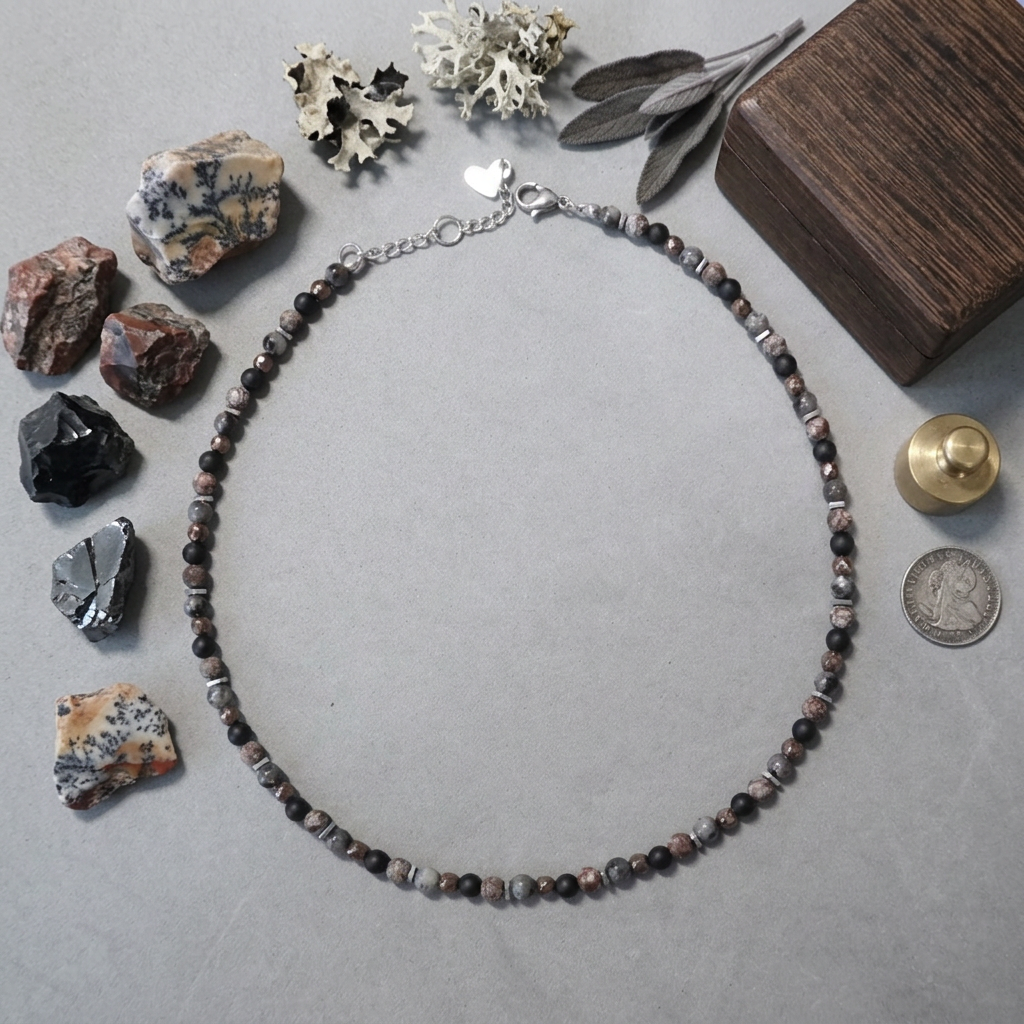 A beaded necklace made of dark brown, black, and gray stone beads with a silver heart charm, displayed on a gray surface with decorative stones, dried leaves, a wooden box, and a coin. Hematite, onyx, obsidian and larkivite.