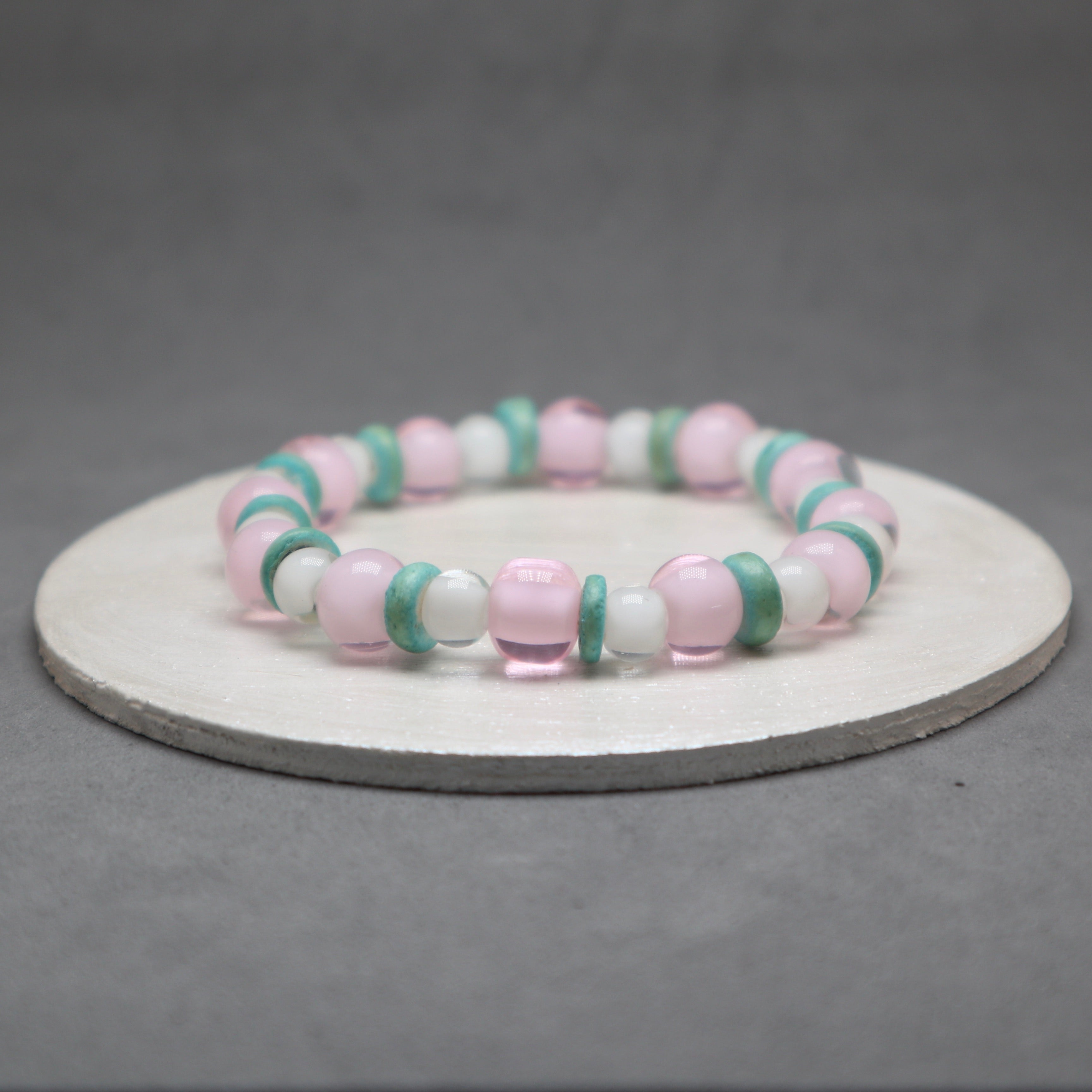 heart glass bracelet pink, white and green coconut heishi