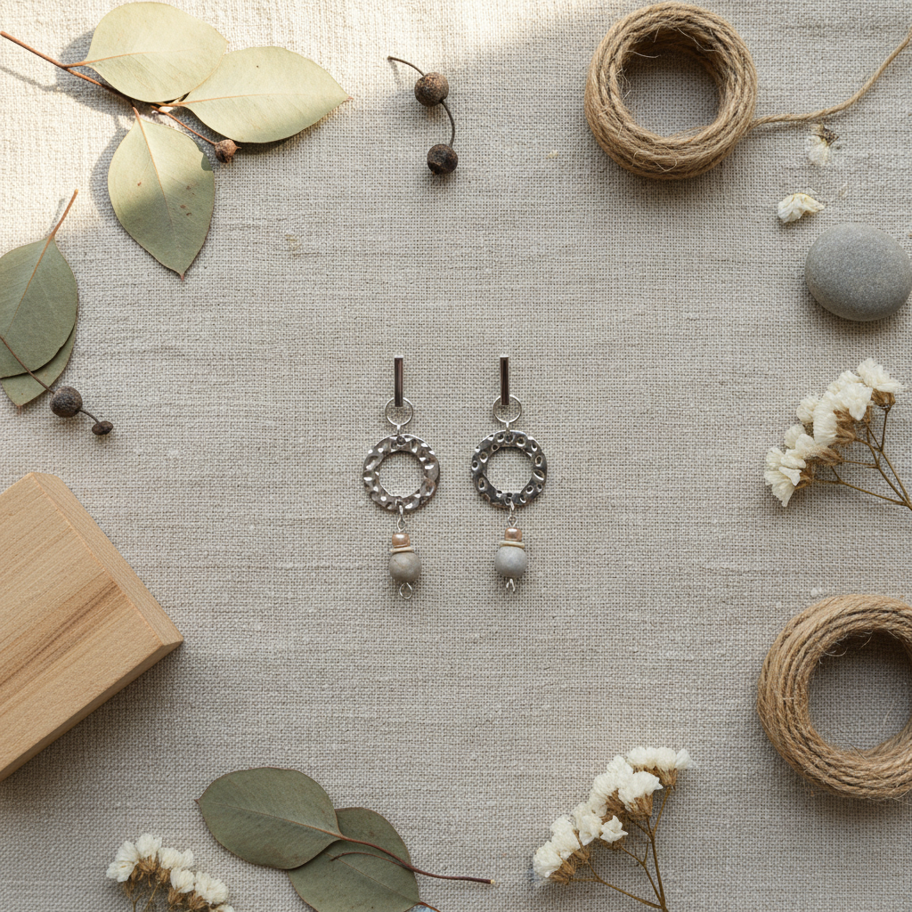 Pair of silver earrings with beads on a textured surface with natural elements.