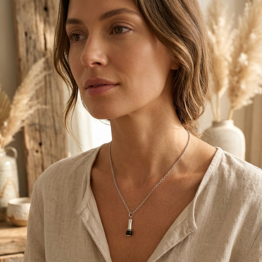 stainless steel chain silver with ecycled glass bead charcoal from africa