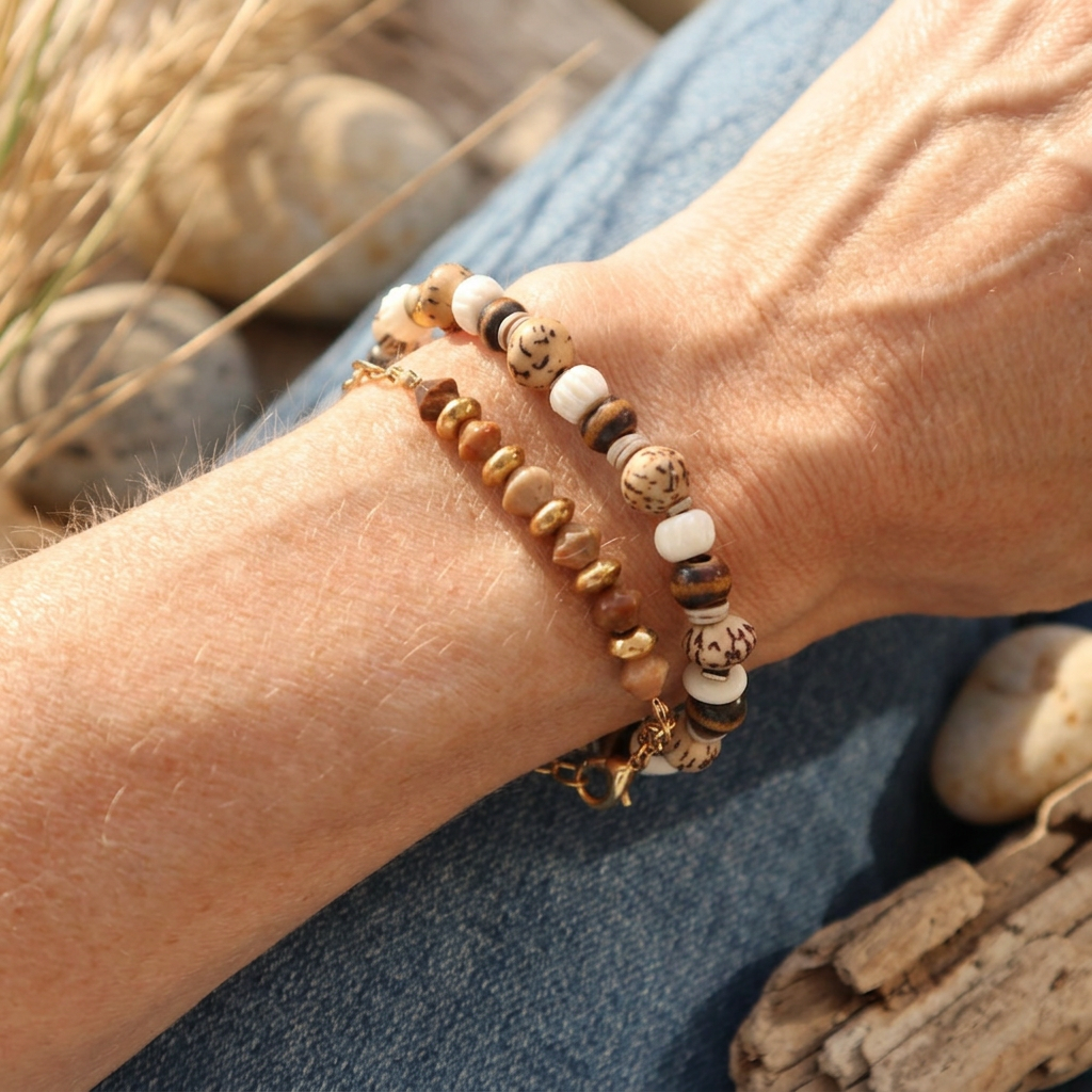 Two beaded bracelets on a person's wrist, featuring natural stone beads in earthy brown, beige, and white tones with small gold-toned charms, set against a background of blue denim and outdoor driftwood.