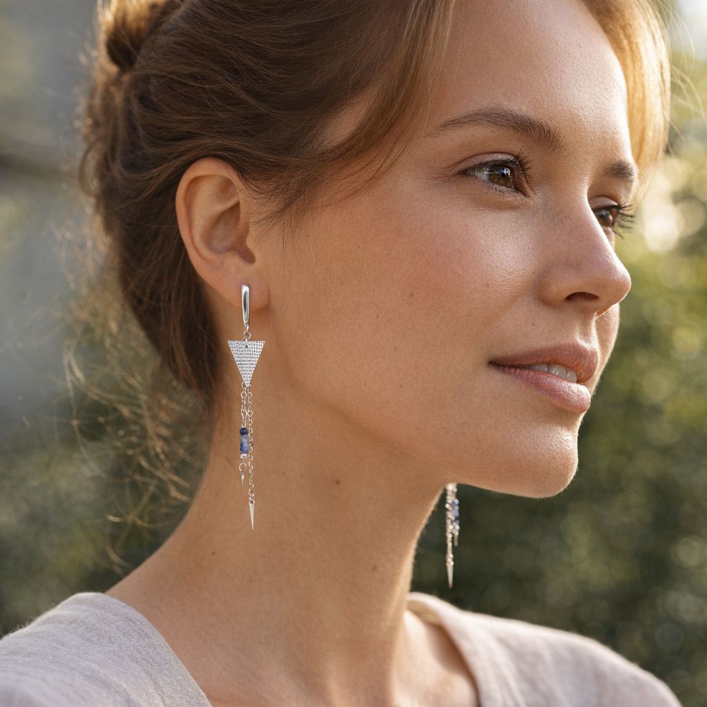 Woman wearing silver earrings with a blurred natural background