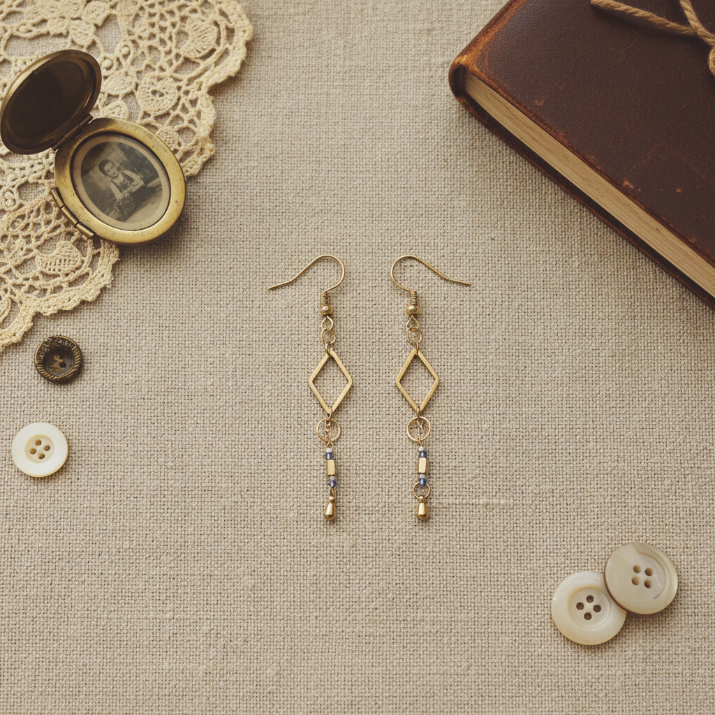 Gold earrings on a textured surface with lace, buttons, and a book, stainless steel