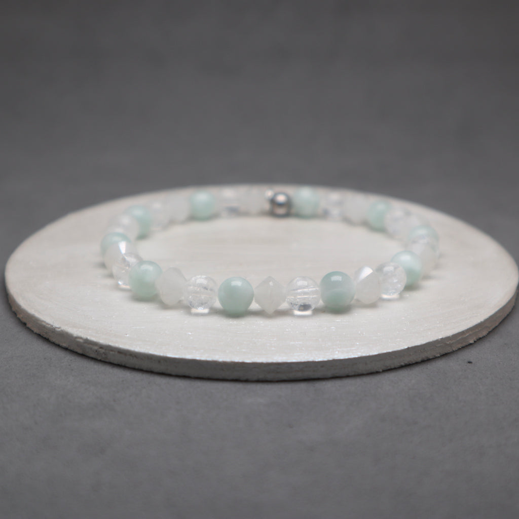 green angelite bracelet with white quartz bicone and cracked