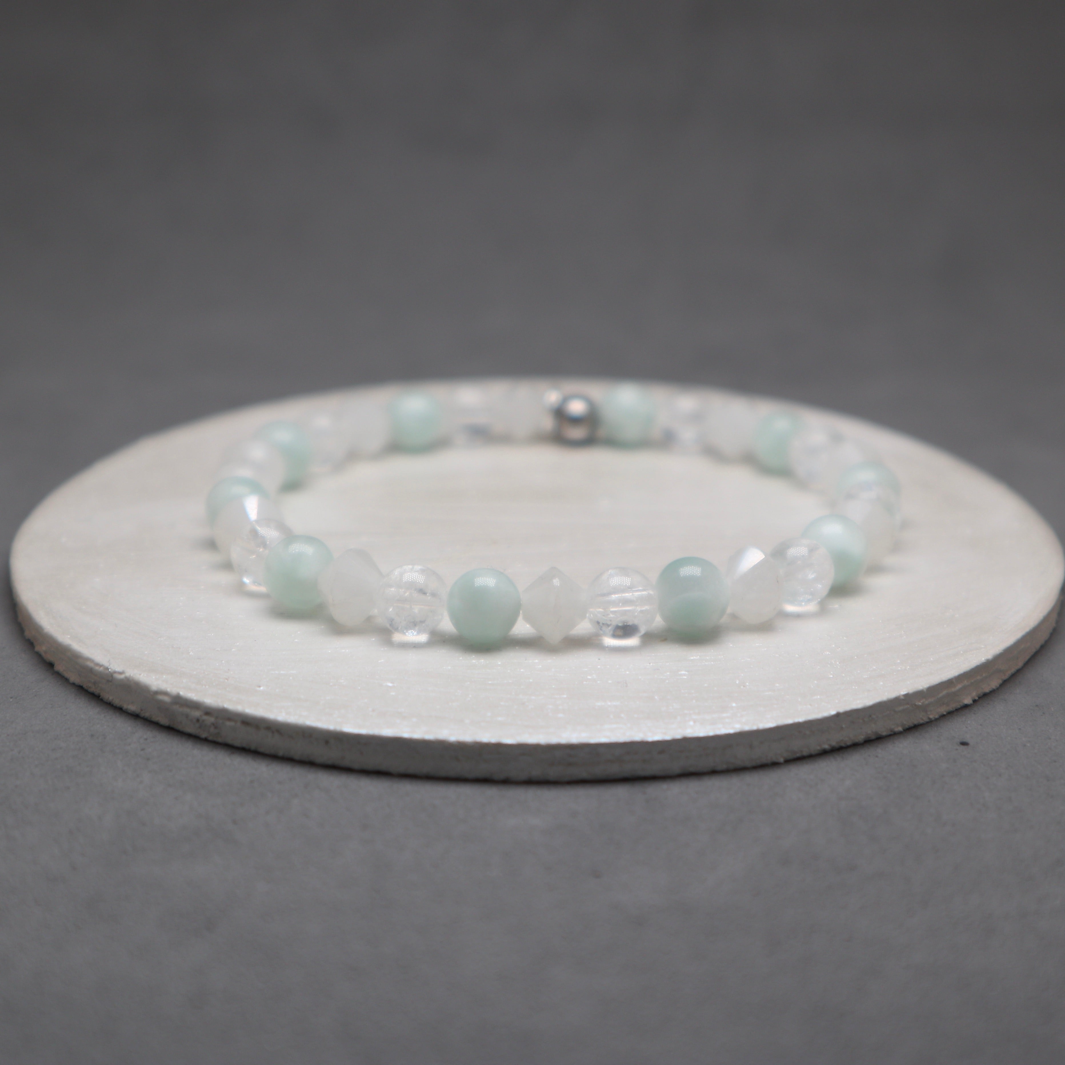 green angelite bracelet with white quartz bicone and cracked