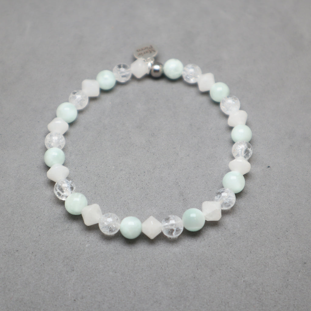 green angelite bracelet with white quartz bicone and cracked