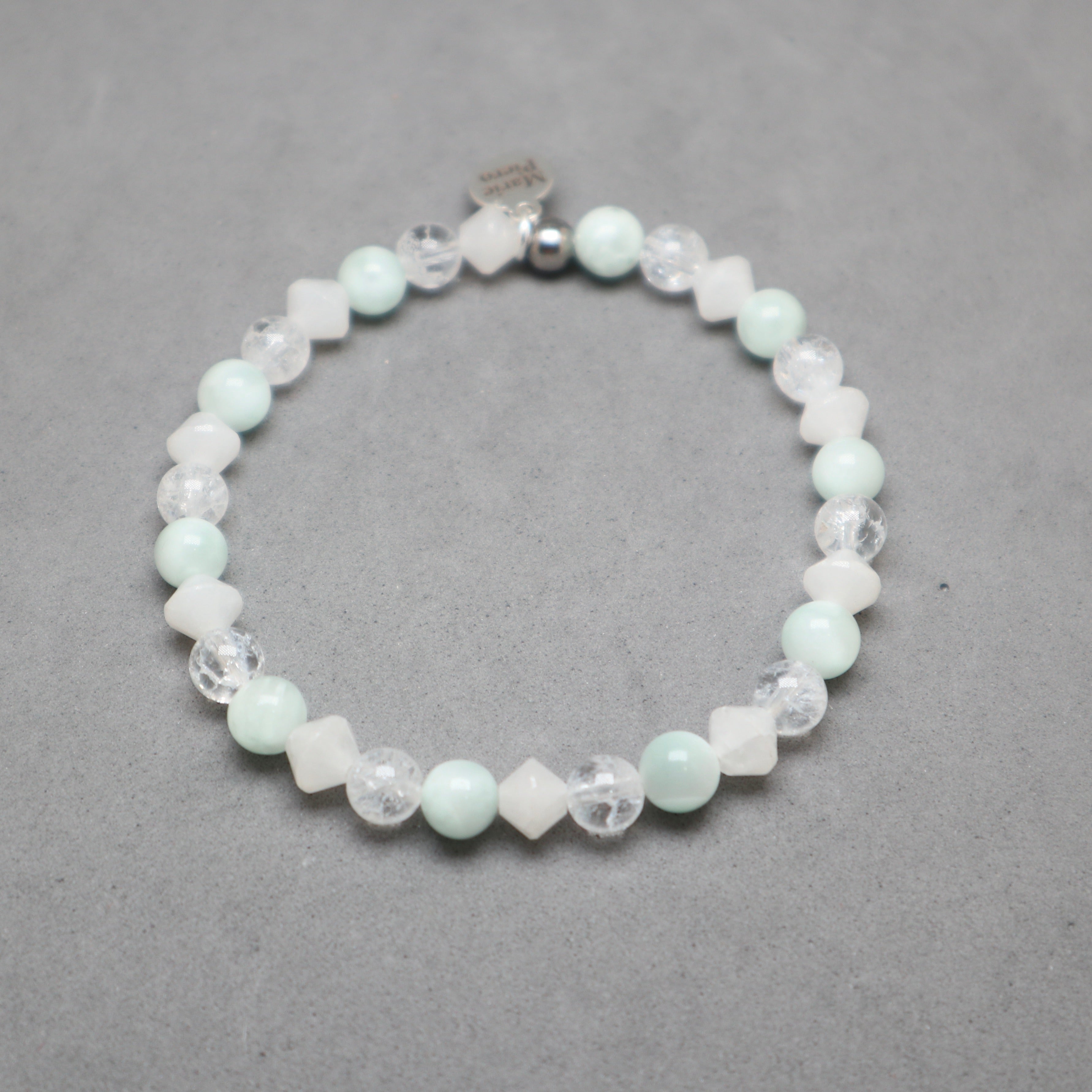 green angelite bracelet with white quartz bicone and cracked