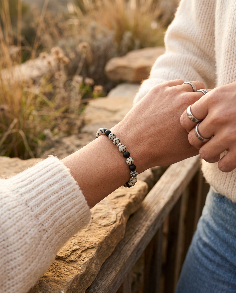 A close-up lifestyle shot of a person wearing a beaded bracelet on their wrist, standing outdoors next to a wooden railing with dry grass in the background. The bracelet features alternating black and white beads with small metallic accents. jaspe dalmatian, onyx